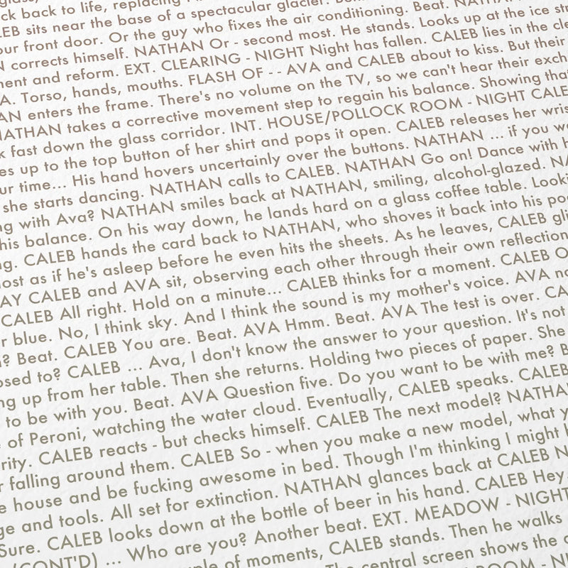 Close-up detail of the Ex Machina movie script poster showing dense typographic text.