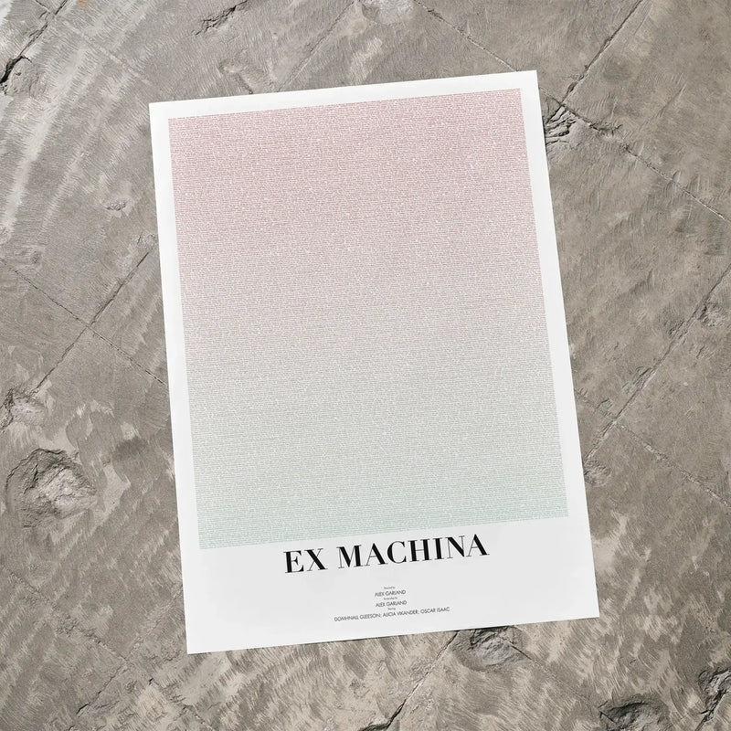 A Ex Machina movie script poster laid flat on a textured floor surface.