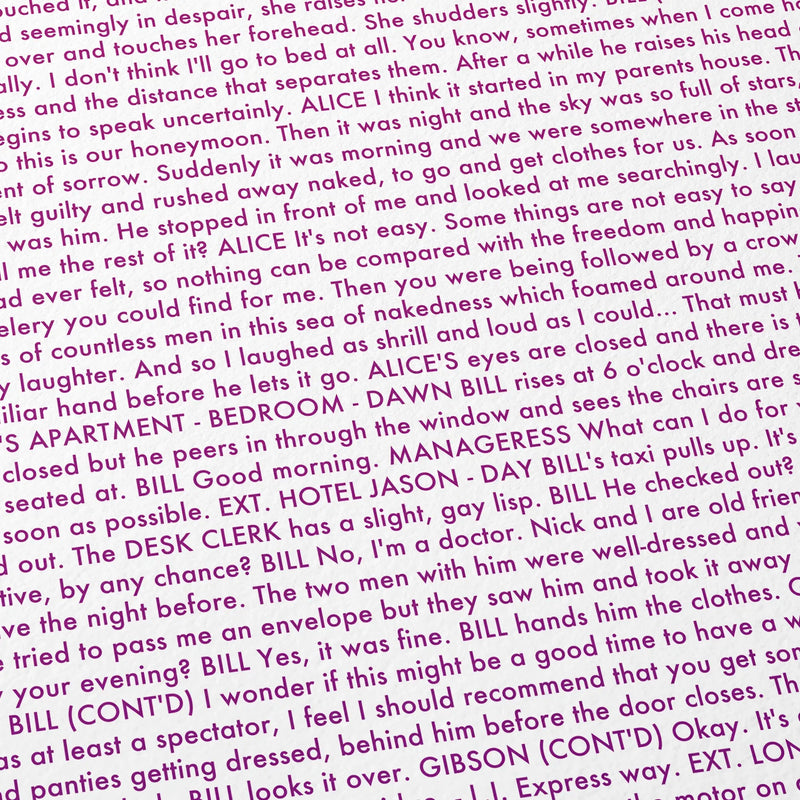 Close-up detail of the Eyes Wide Shut movie script poster showing dense typographic text.