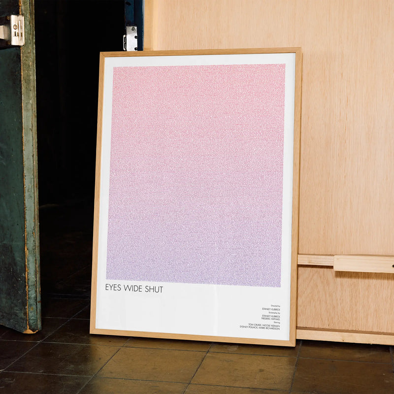 A framed Eyes Wide Shut movie script poster displayed in a contemporary interior setting.