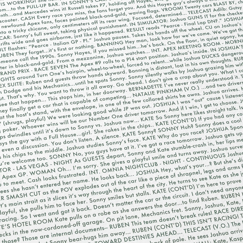 Close-up detail of the F1: The Movie movie script poster showing dense typographic text.
