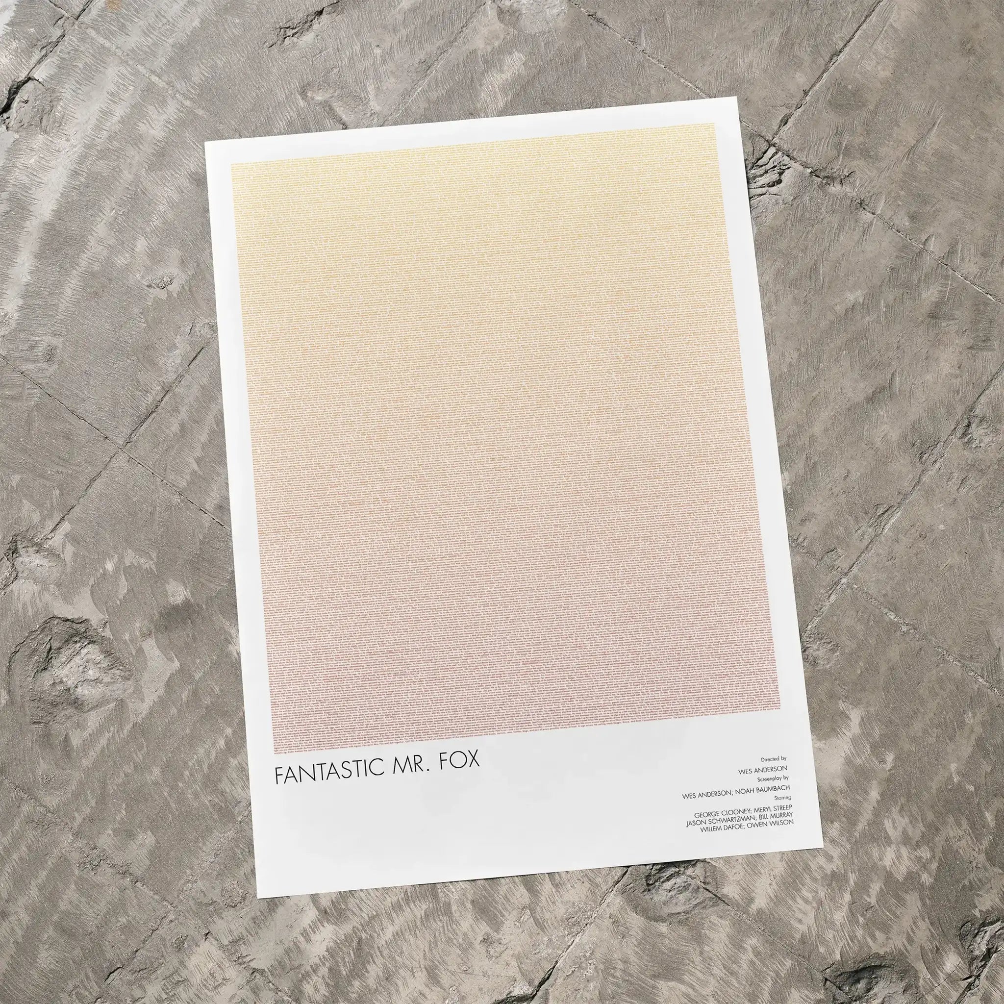 A Fantastic Mr. Fox movie script poster laid flat on a textured floor surface.