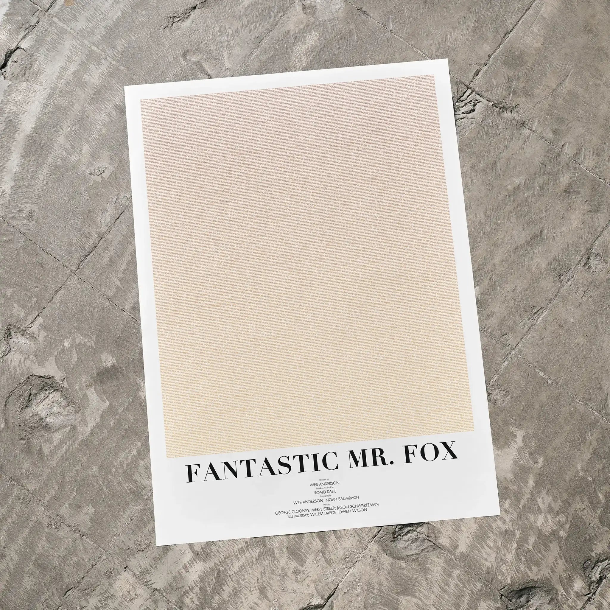 A Fantastic Mr. Fox movie script poster laid flat on a textured floor surface.