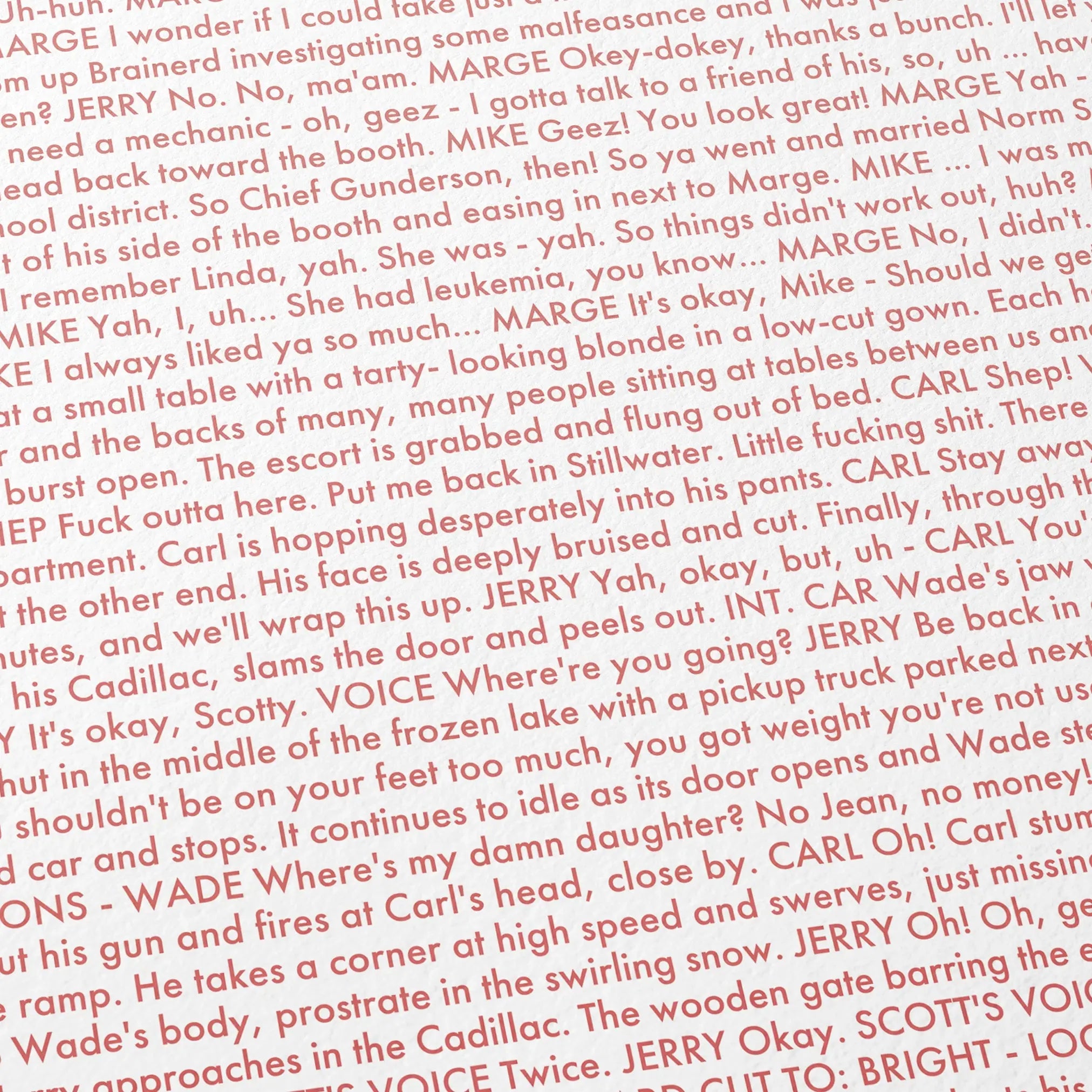 Close-up detail of the Fargo movie script poster showing dense typographic text.