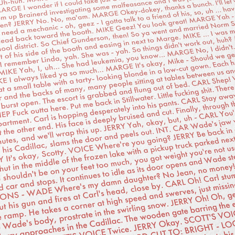 Close-up detail of the Fargo movie script poster showing dense typographic text.