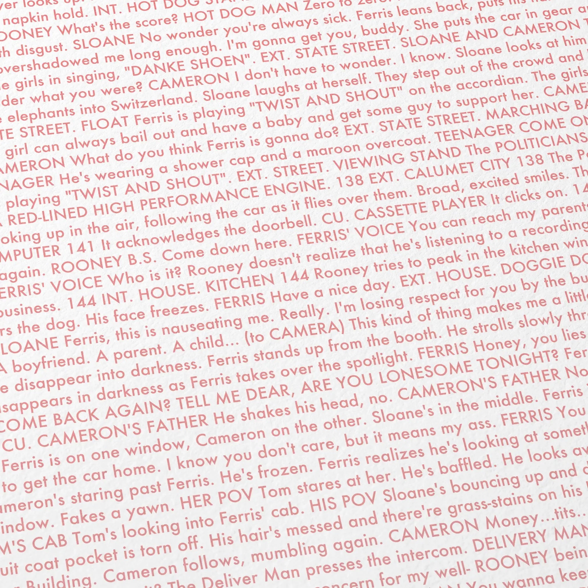 Close-up detail of the Ferris Bueller’s Day Off movie script poster showing dense typographic text.