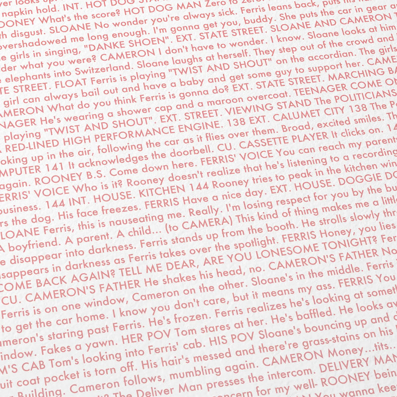 Close-up detail of the Ferris Bueller’s Day Off movie script poster showing dense typographic text.