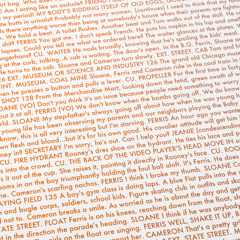 Close-up detail of the Ferris Bueller’s Day Off movie script poster showing dense typographic text.