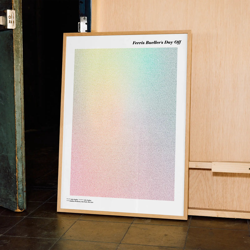 A framed Ferris Bueller’s Day Off movie script poster displayed in a contemporary interior setting.