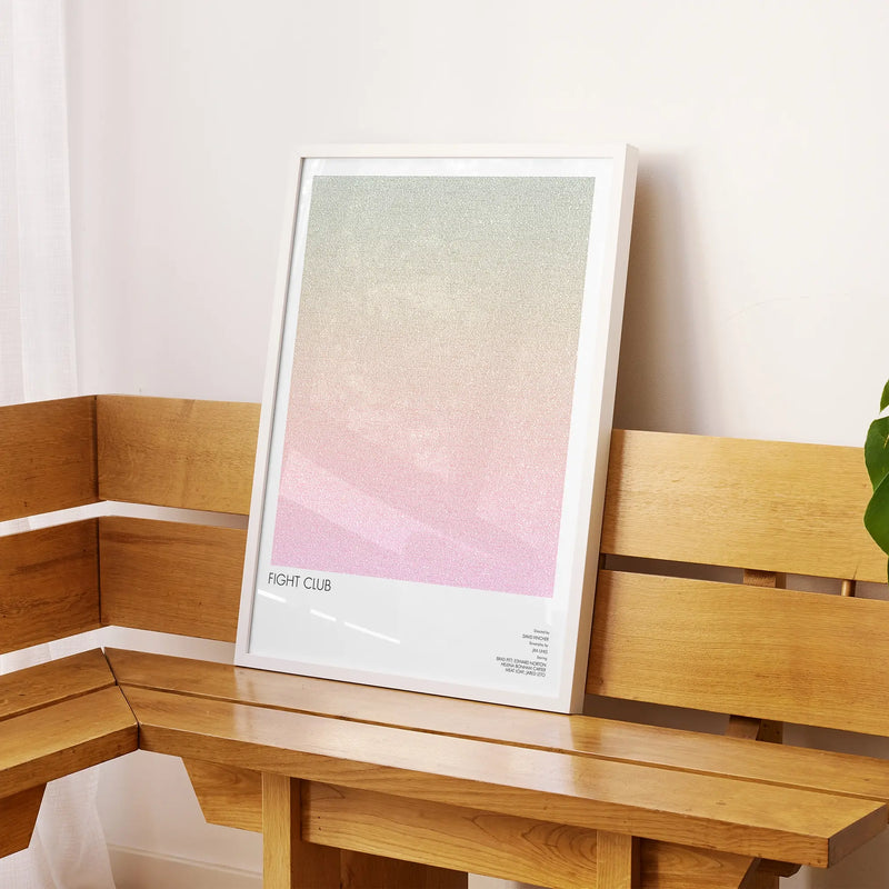A framed Fight Club movie script poster displayed on a sideboard in a contemporary space.