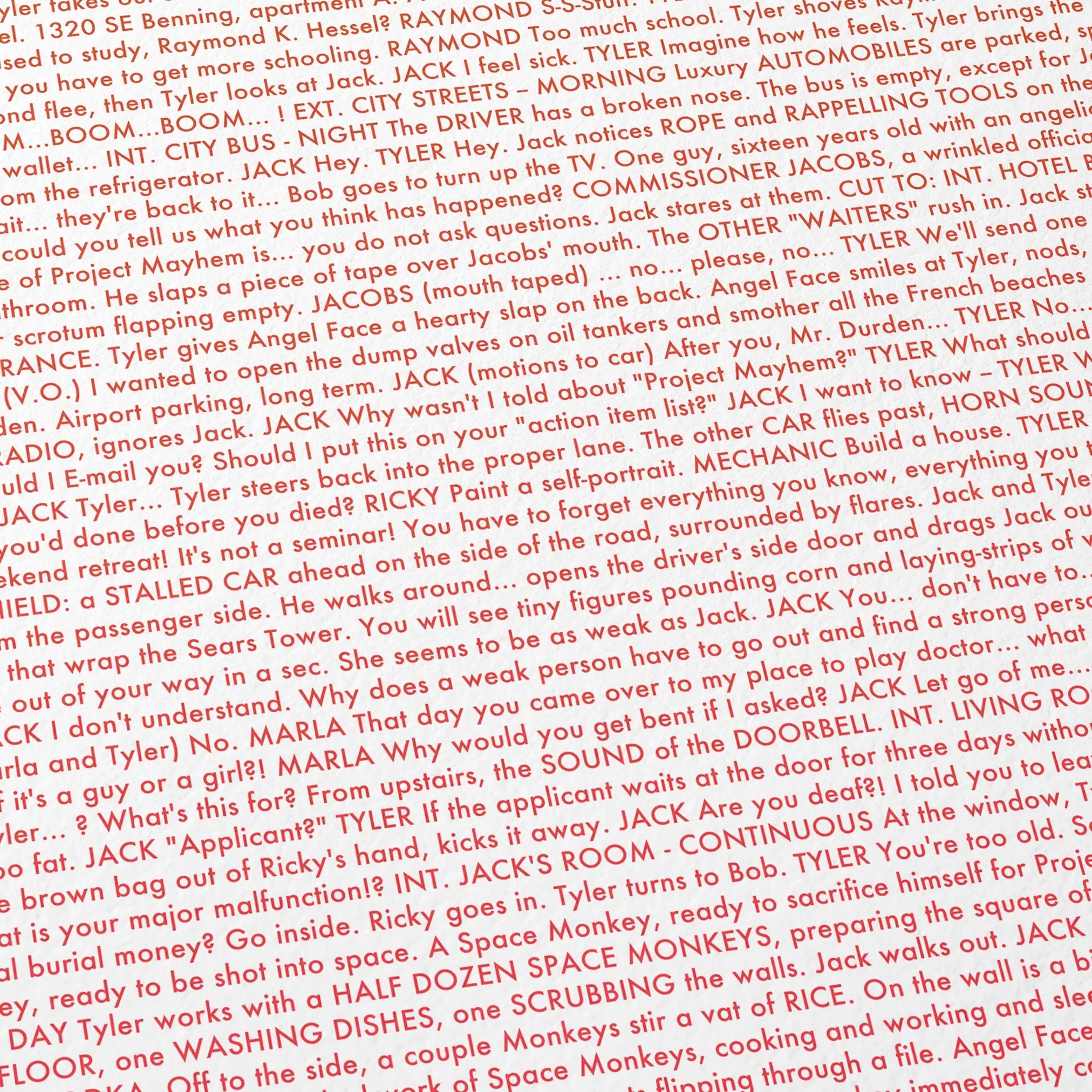 Close-up detail of the Fight Club movie script poster showing dense typographic text.