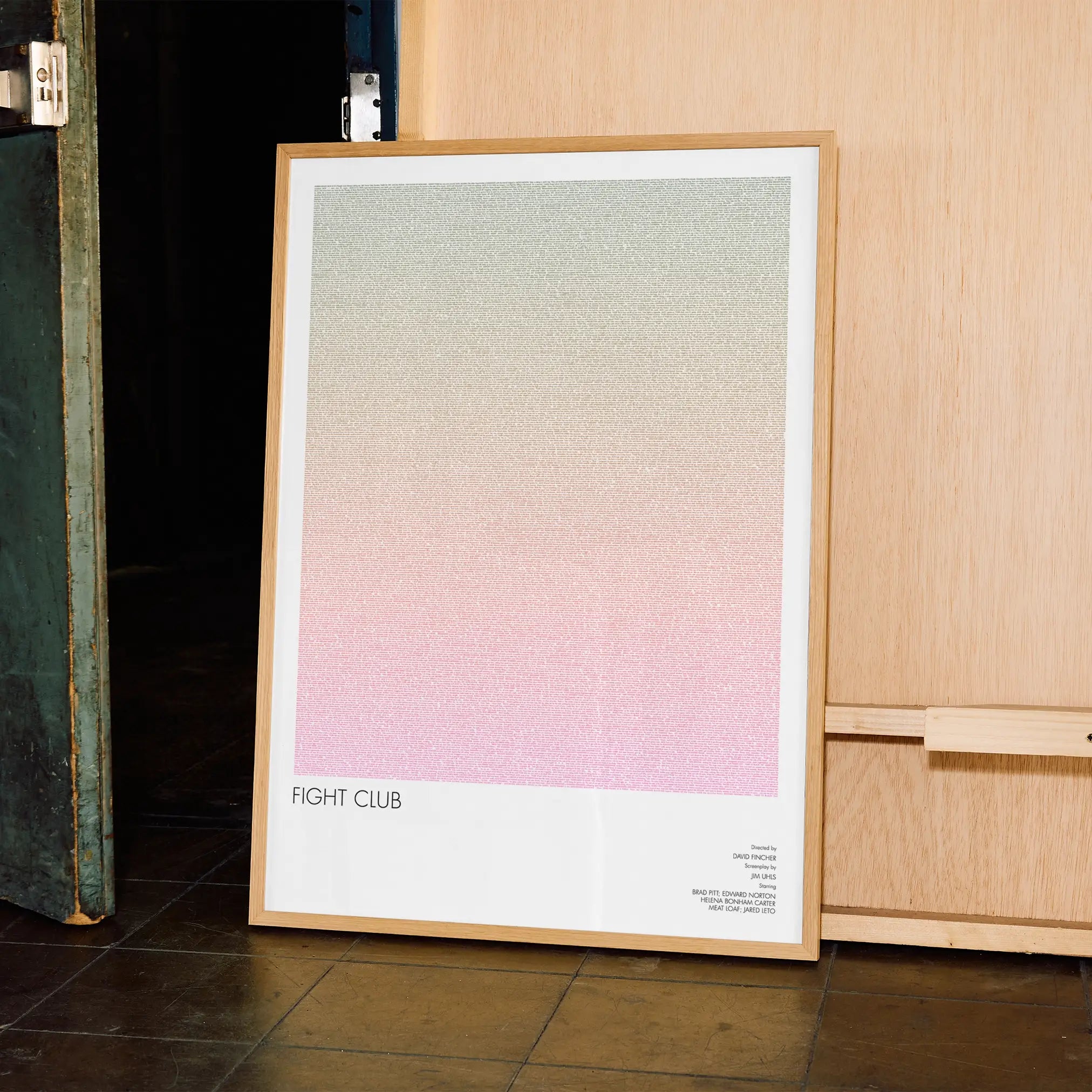 A framed Fight Club movie script poster displayed in a contemporary interior setting.