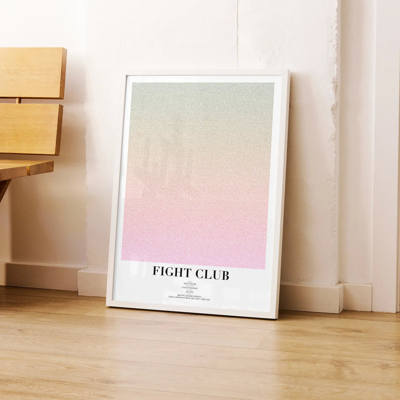 A framed Fight Club movie script poster leaning against a wall in a modern interior.