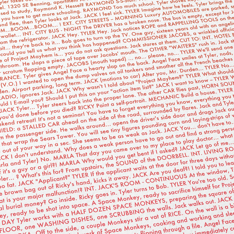 Close-up detail of the Fight Club movie script poster showing dense typographic text.