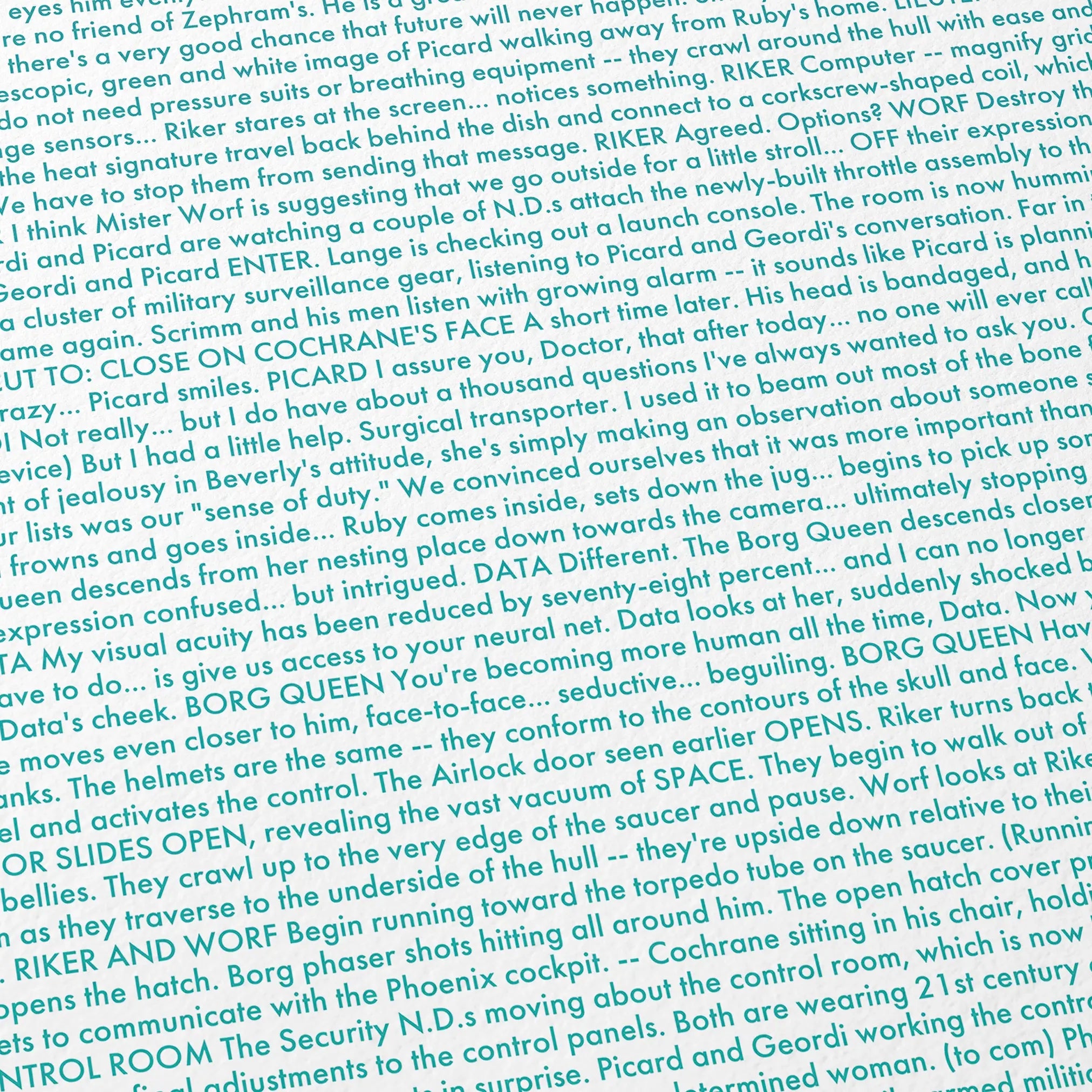 Close-up detail of the Star Trek: First Contact movie script poster showing dense typographic text.