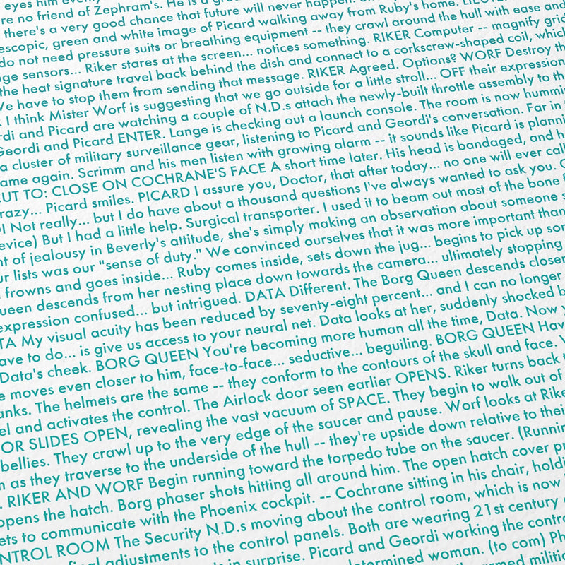 Close-up detail of the Star Trek: First Contact movie script poster showing dense typographic text.