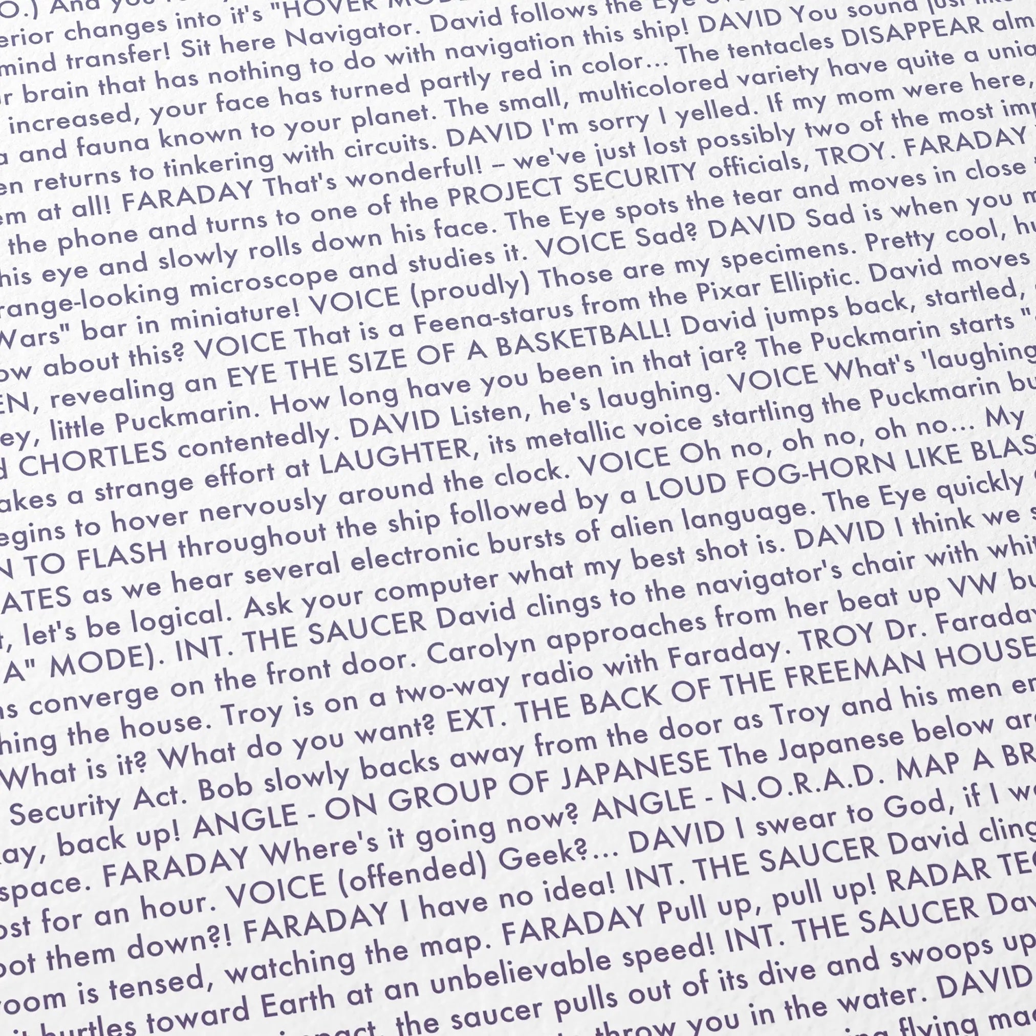 Close-up detail of the Flight of the Navigator movie script poster showing dense typographic text.