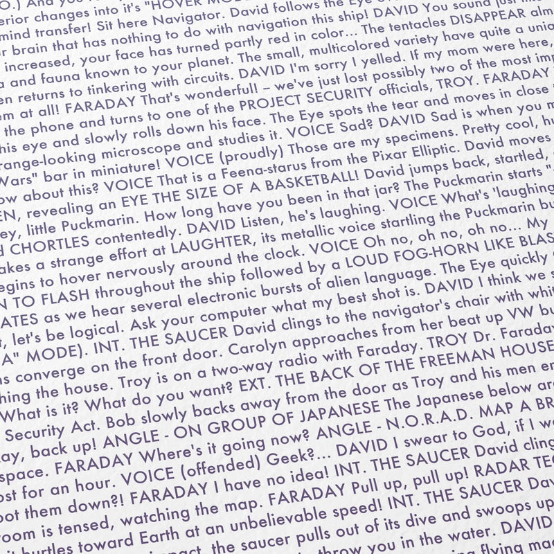 Close-up detail of the Flight of the Navigator movie script poster showing dense typographic text.