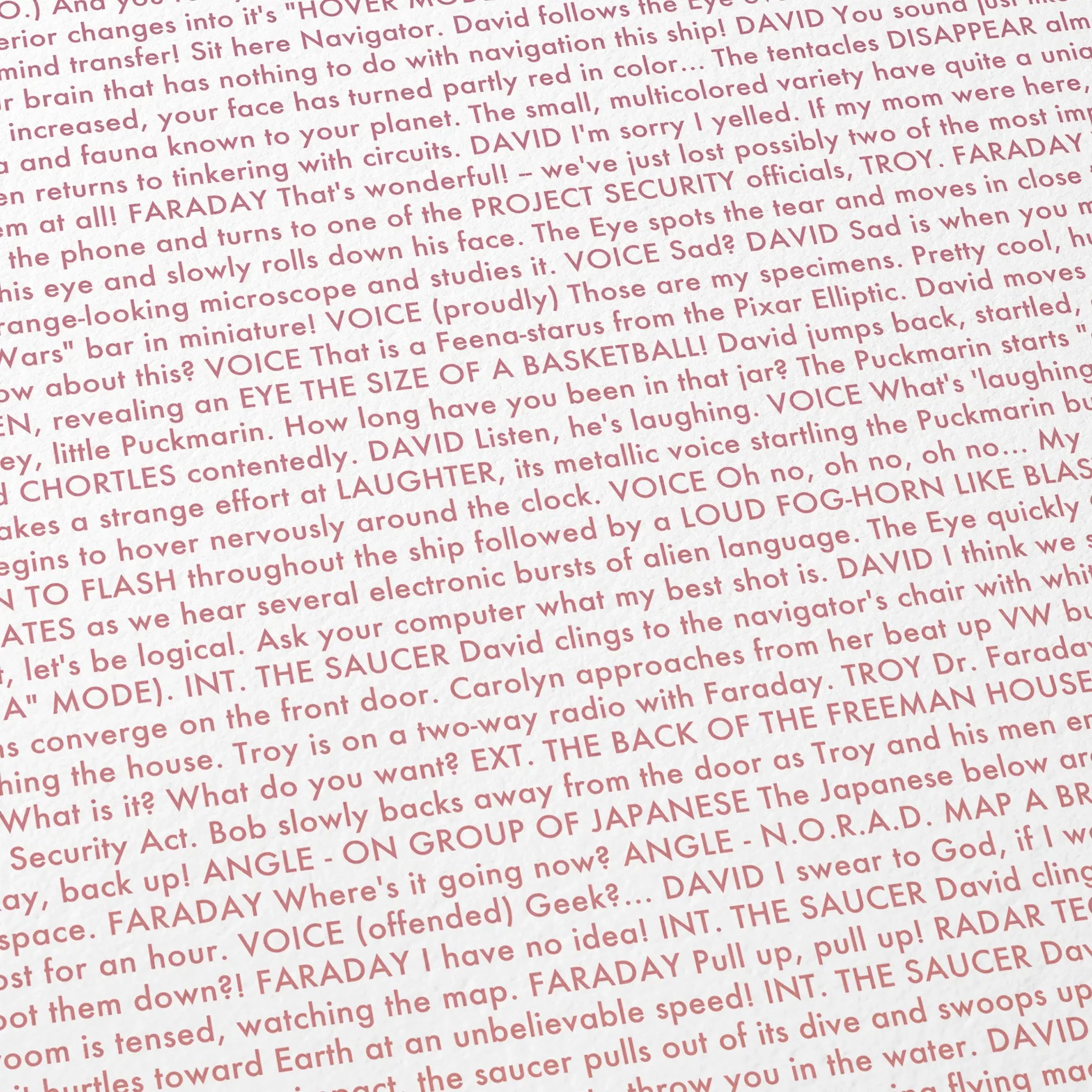 Close-up detail of the Flight of the Navigator movie script poster showing dense typographic text.
