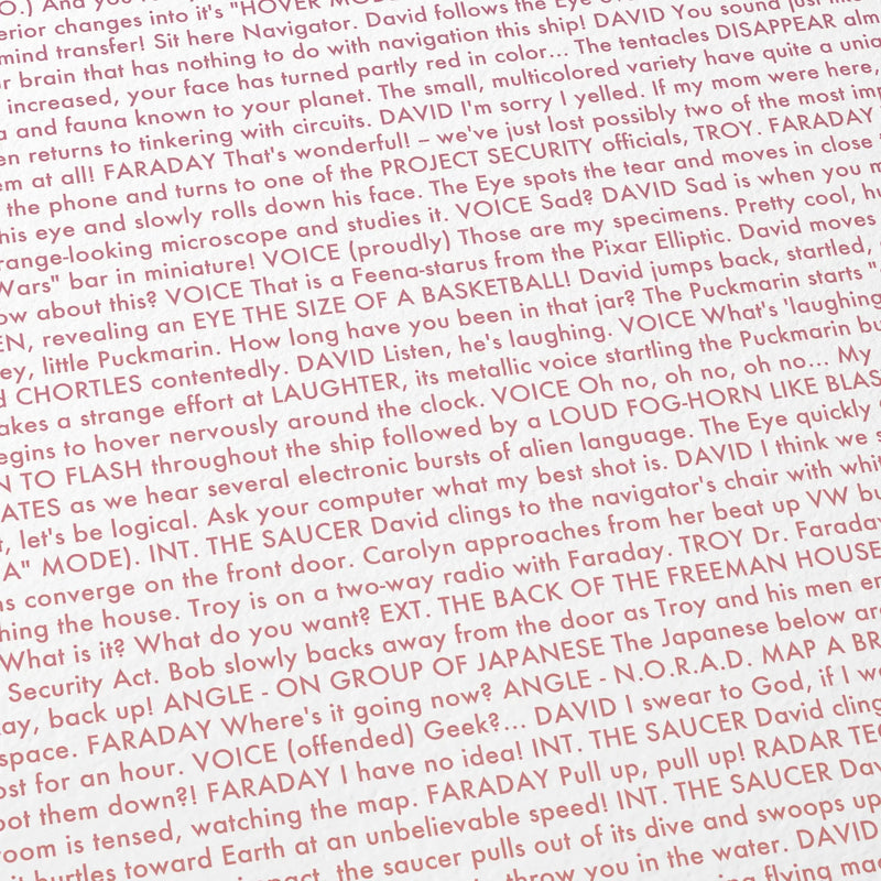 Close-up detail of the Flight of the Navigator movie script poster showing dense typographic text.