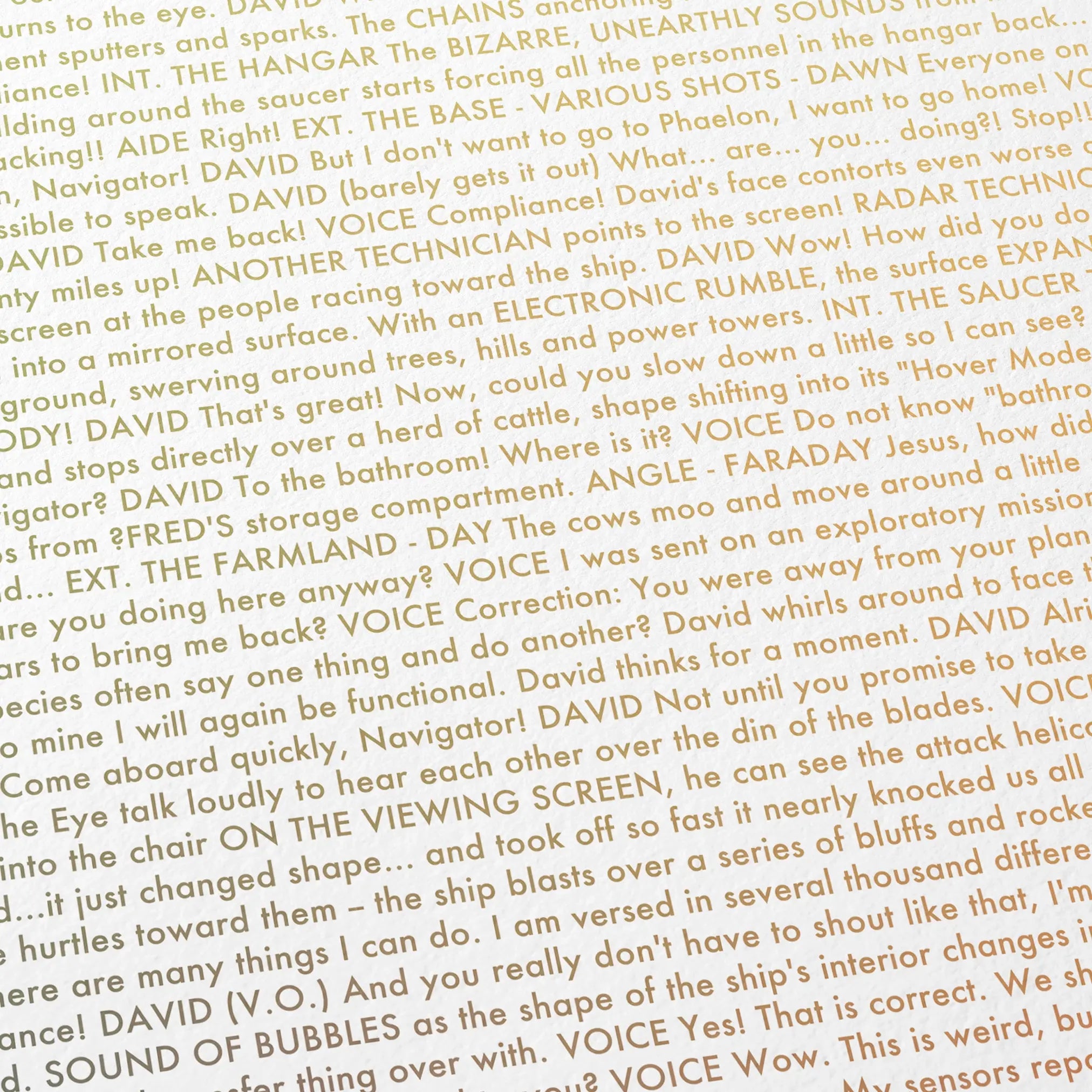 Close-up detail of the Flight of the Navigator movie script poster showing dense typographic text.