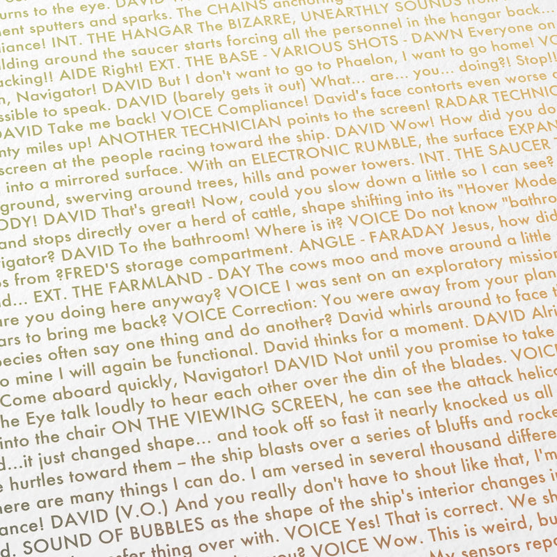 Close-up detail of the Flight of the Navigator movie script poster showing dense typographic text.