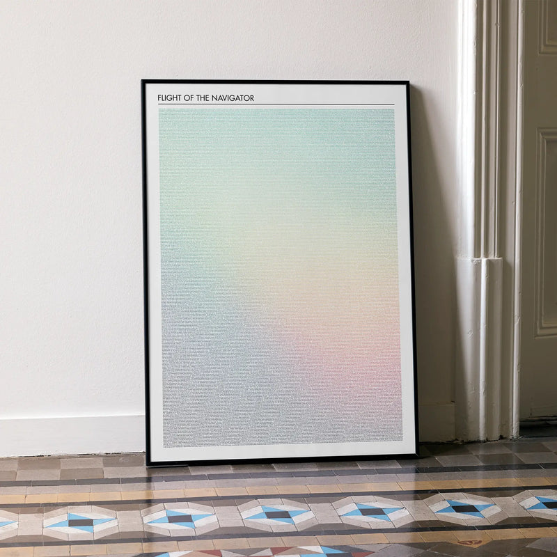 A framed Flight of the Navigator movie script poster leaning against a wall in a minimalist interior.