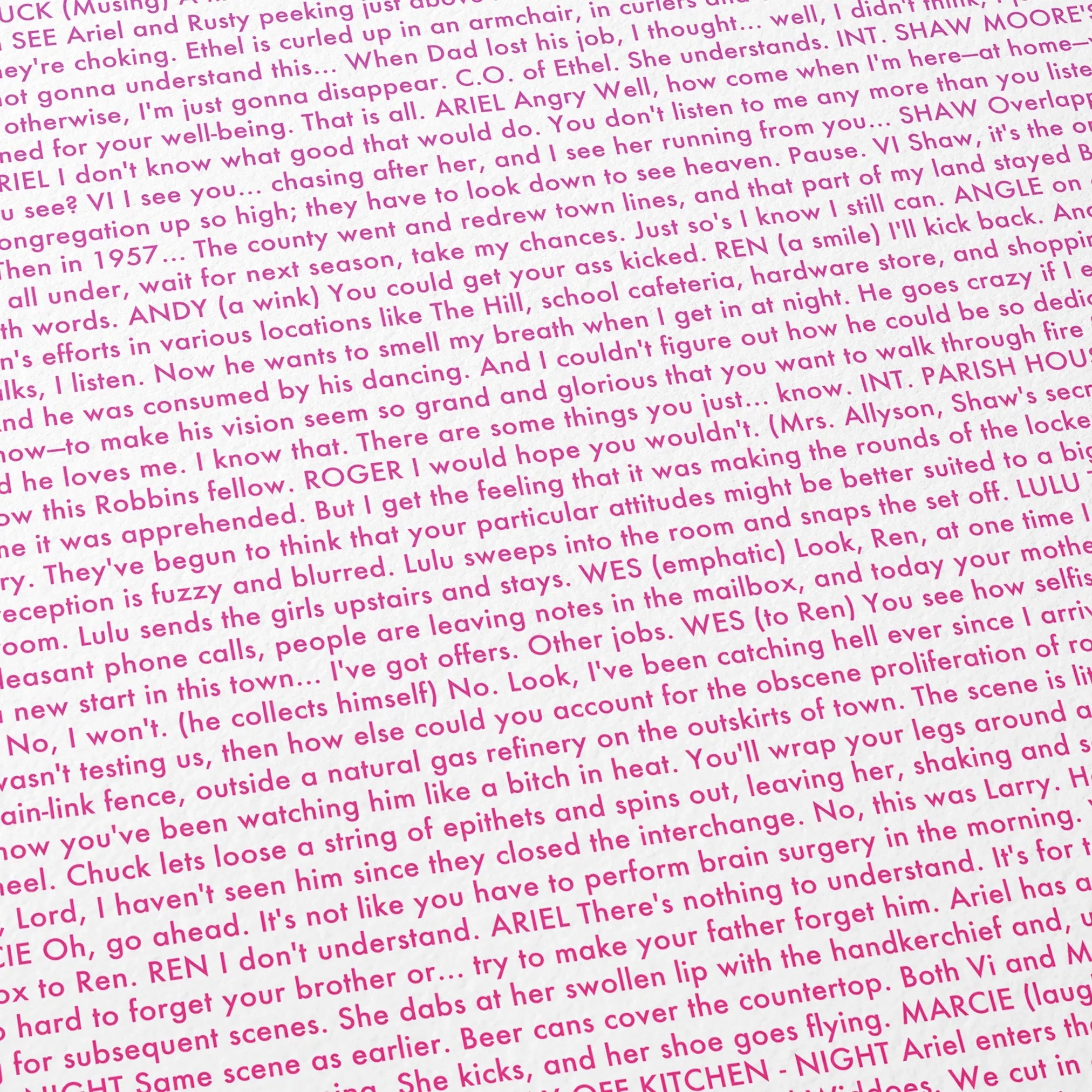 Close-up detail of the Footloose movie script poster showing dense typographic text.