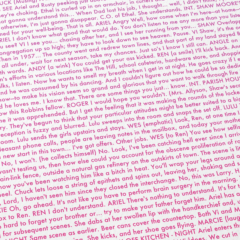 Close-up detail of the Footloose movie script poster showing dense typographic text.