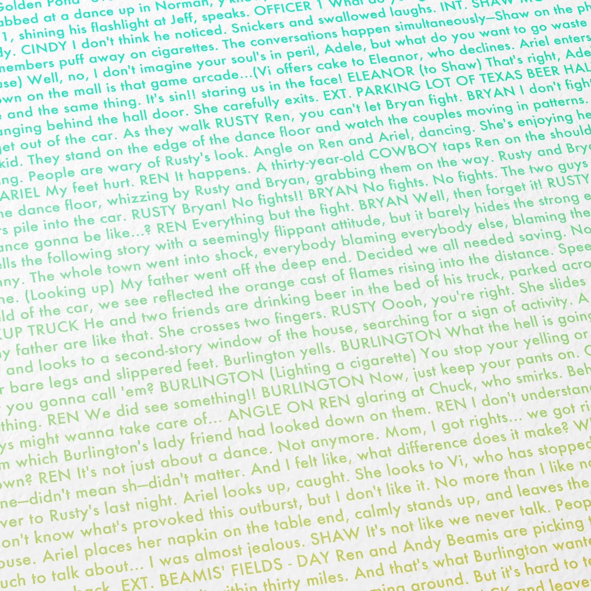 Close-up detail of the Footloose movie script poster showing dense typographic text.