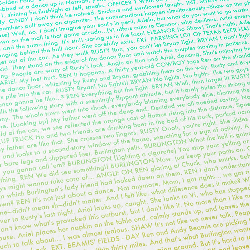 Close-up detail of the Footloose movie script poster showing dense typographic text.