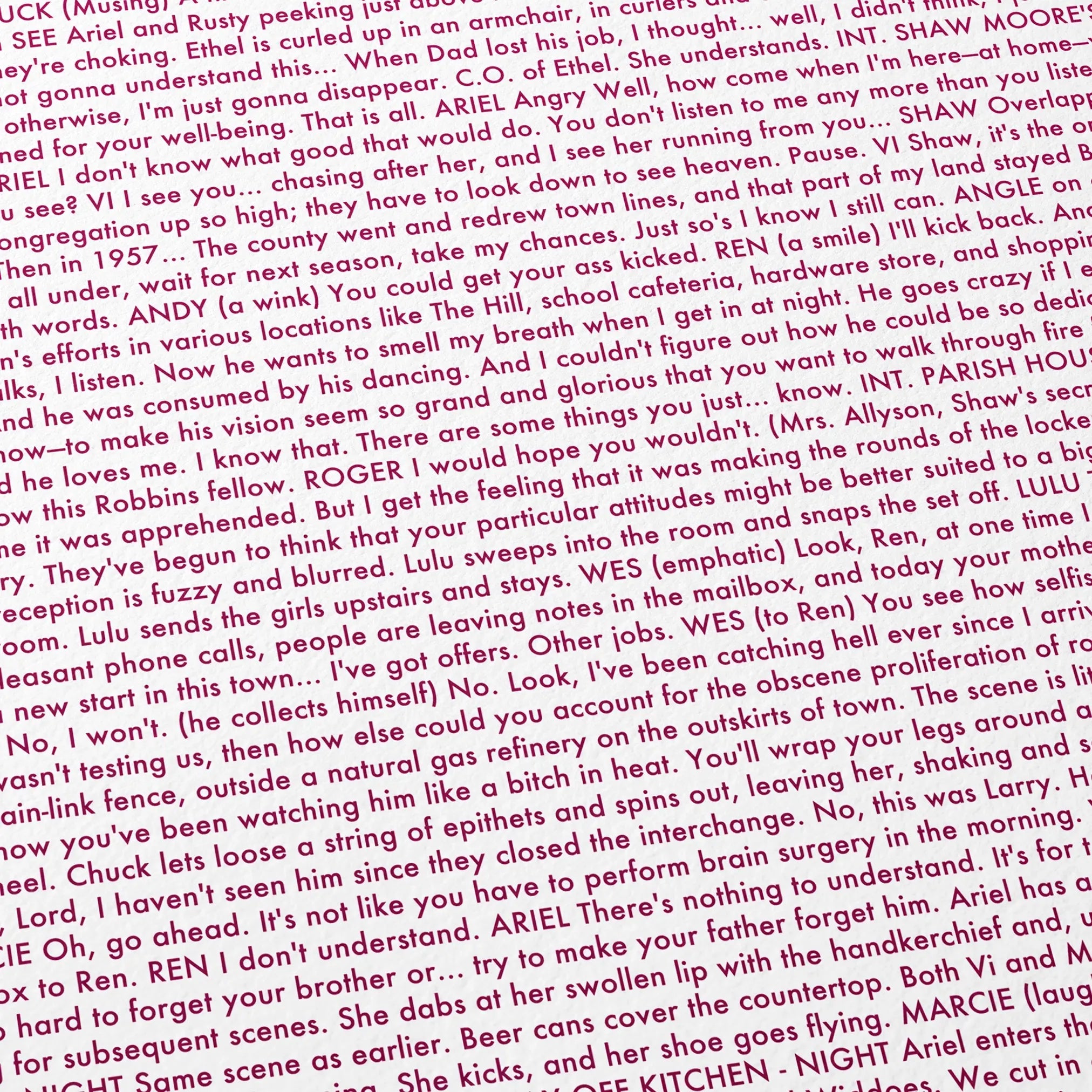 Close-up detail of the Footloose movie script poster showing dense typographic text.