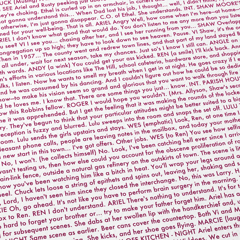 Close-up detail of the Footloose movie script poster showing dense typographic text.