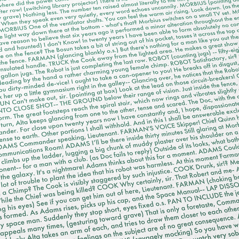 Close-up detail of the Forbidden Planet movie script poster showing dense typographic text.