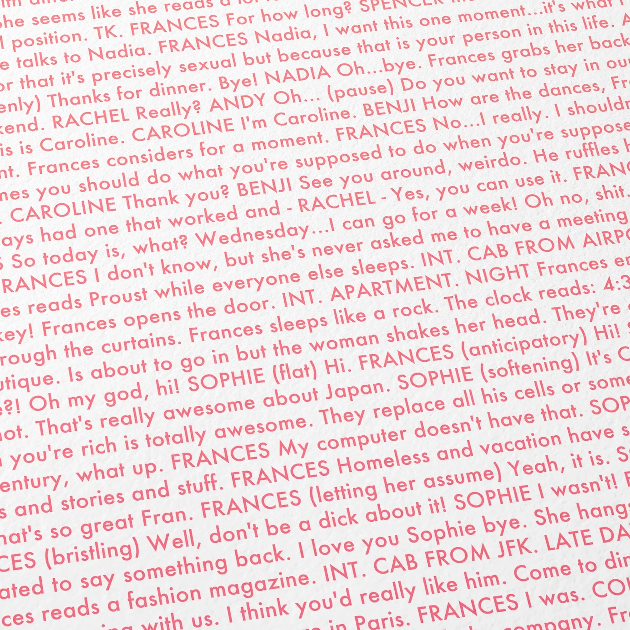 Close-up detail of the Frances Ha movie script poster showing dense typographic text.