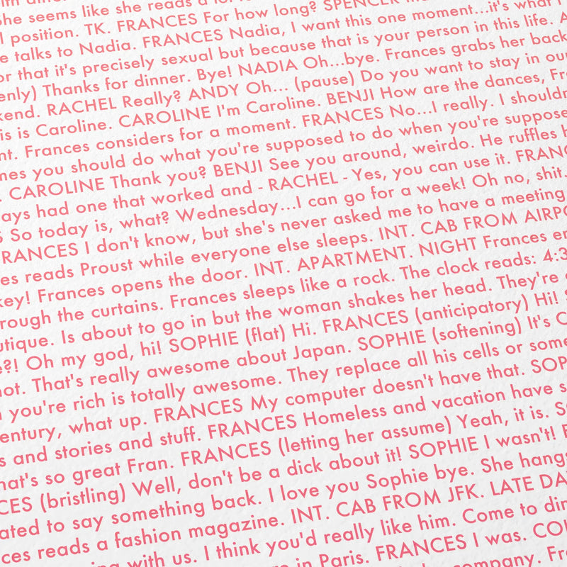 Close-up detail of the Frances Ha movie script poster showing dense typographic text.