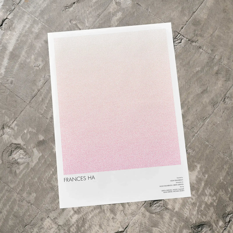A Frances Ha movie script poster laid flat on a textured floor surface.