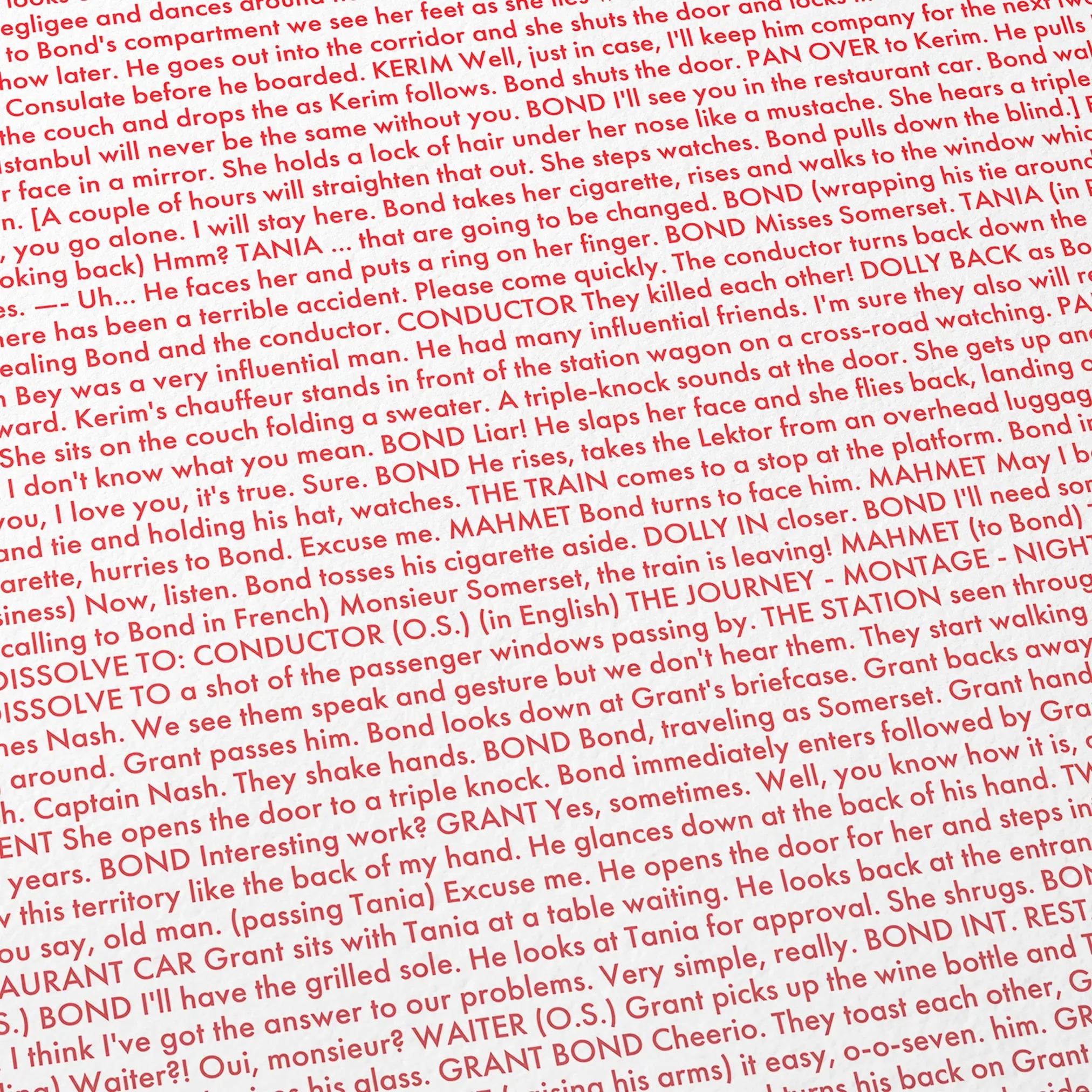 Close-up detail of the From Russia with Love movie script poster showing dense typographic text.