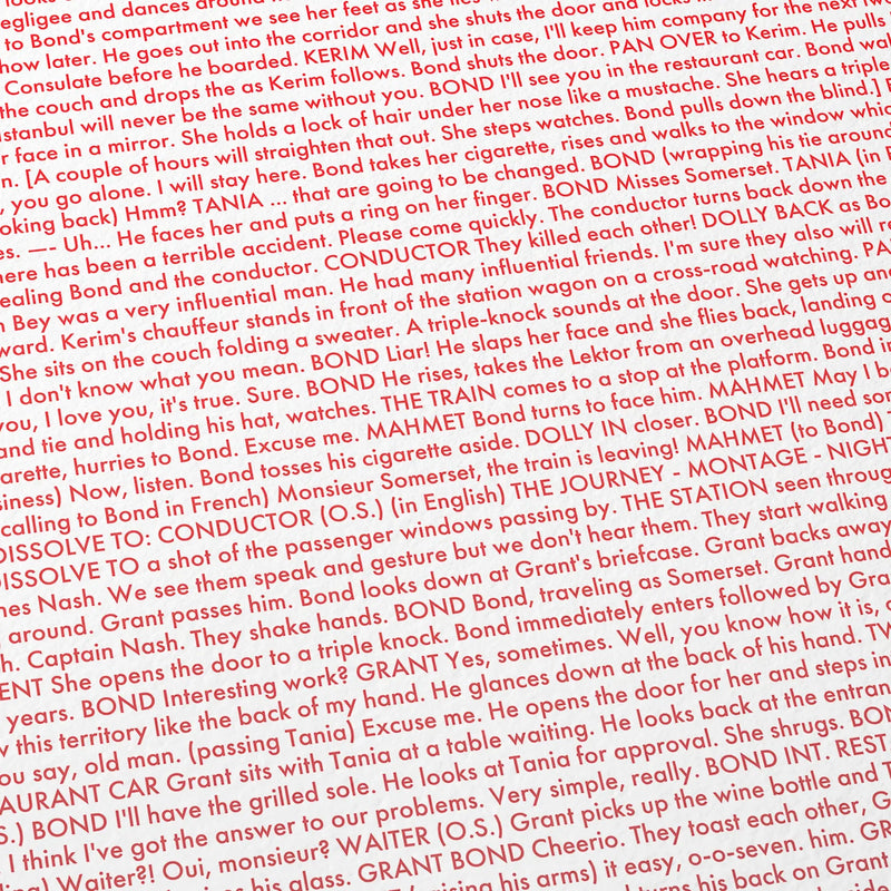 Close-up detail of the From Russia with Love movie script poster showing dense typographic text.
