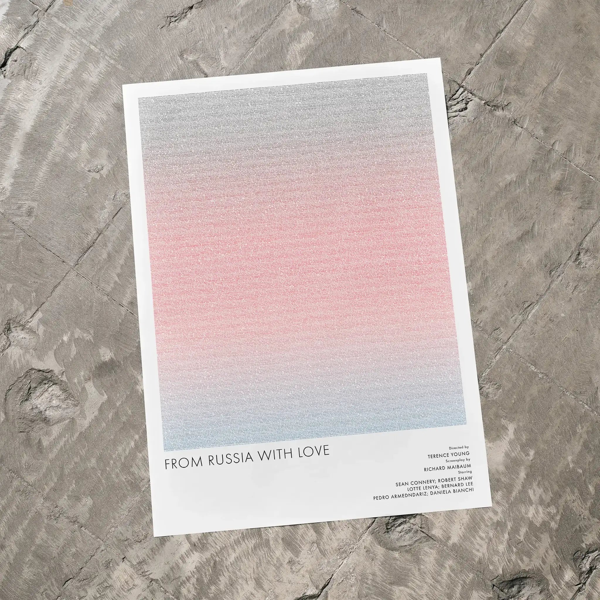 A From Russia with Love movie script poster laid flat on a textured floor surface.