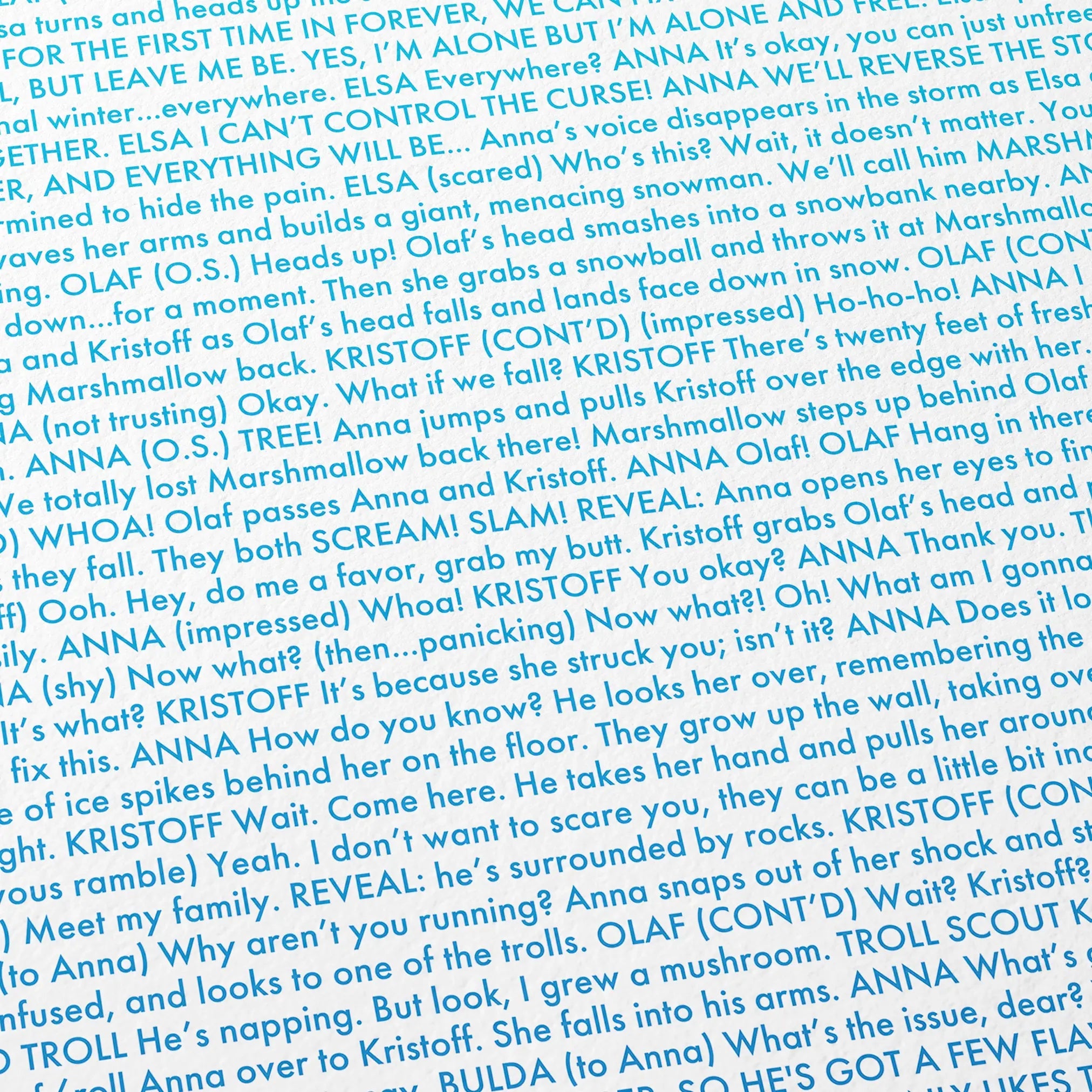 Close-up detail of the Frozen movie script poster showing dense typographic text.