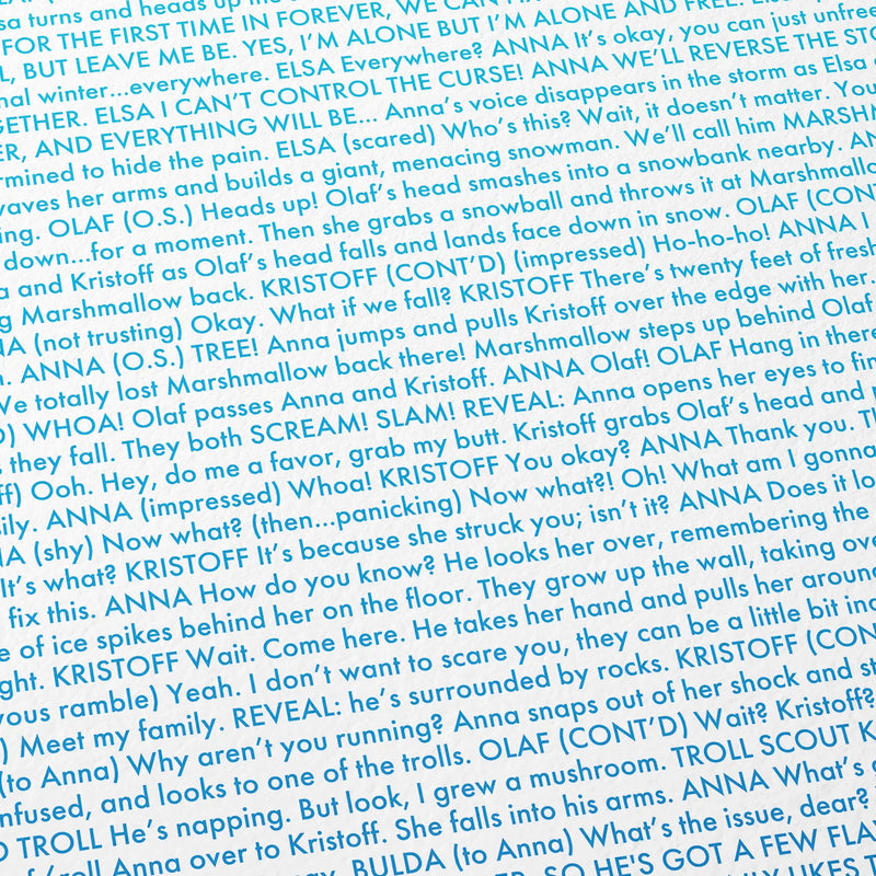 Close-up detail of the Frozen movie script poster showing dense typographic text.