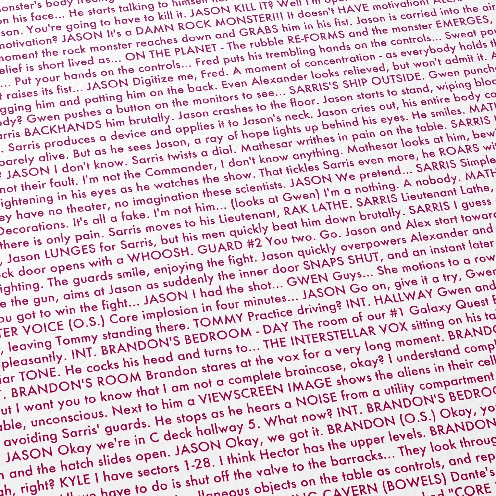 Close-up detail of the Galaxy Quest movie script poster showing dense typographic text.