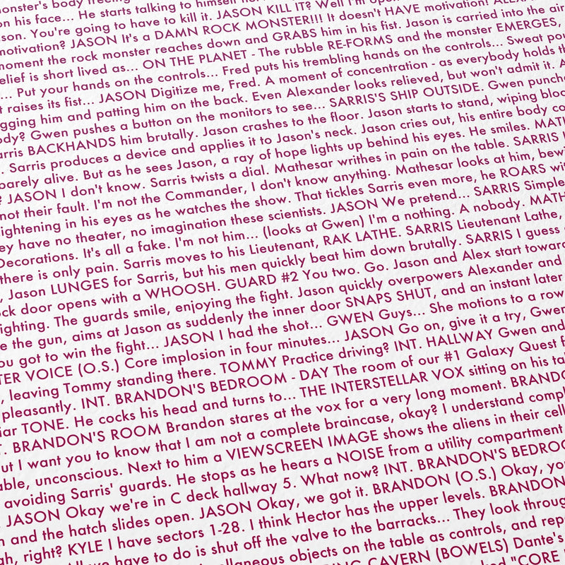 Close-up detail of the Galaxy Quest movie script poster showing dense typographic text.