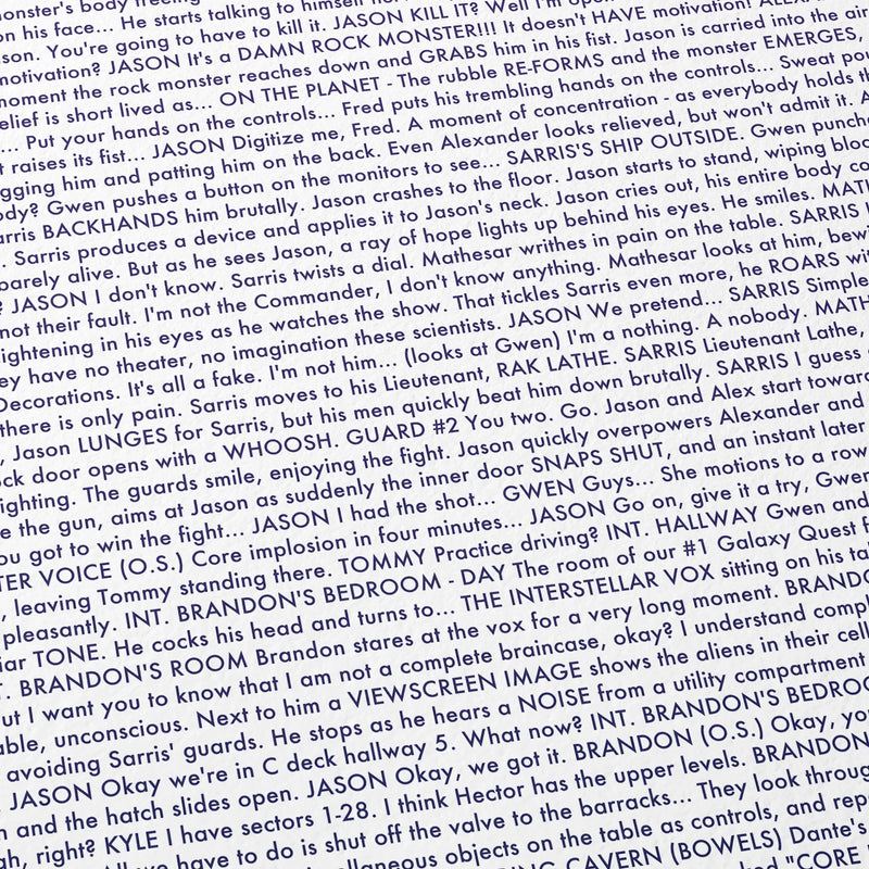 Close-up detail of the Galaxy Quest movie script poster showing dense typographic text.