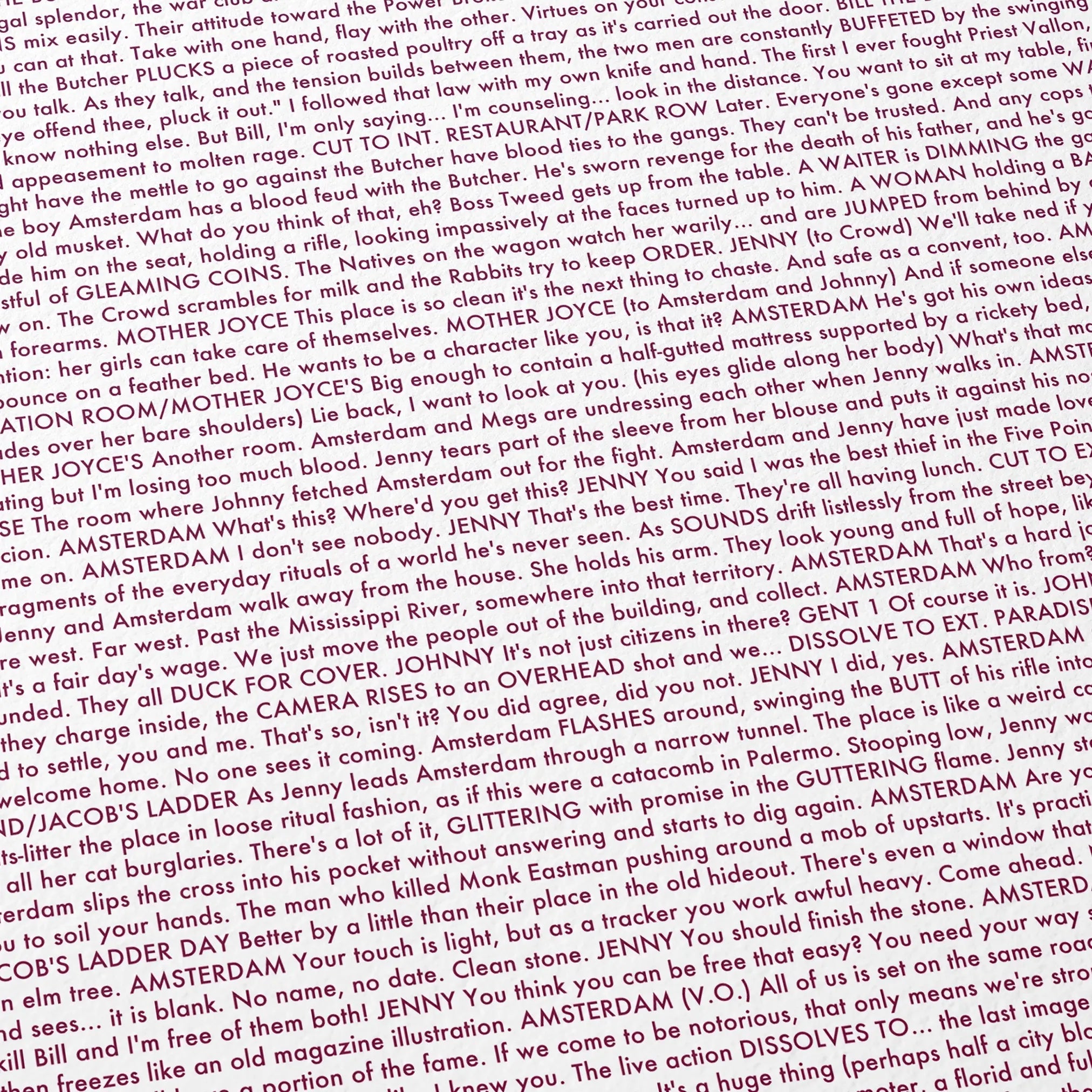 Close-up detail of the Gangs of New York movie script poster showing dense typographic text.