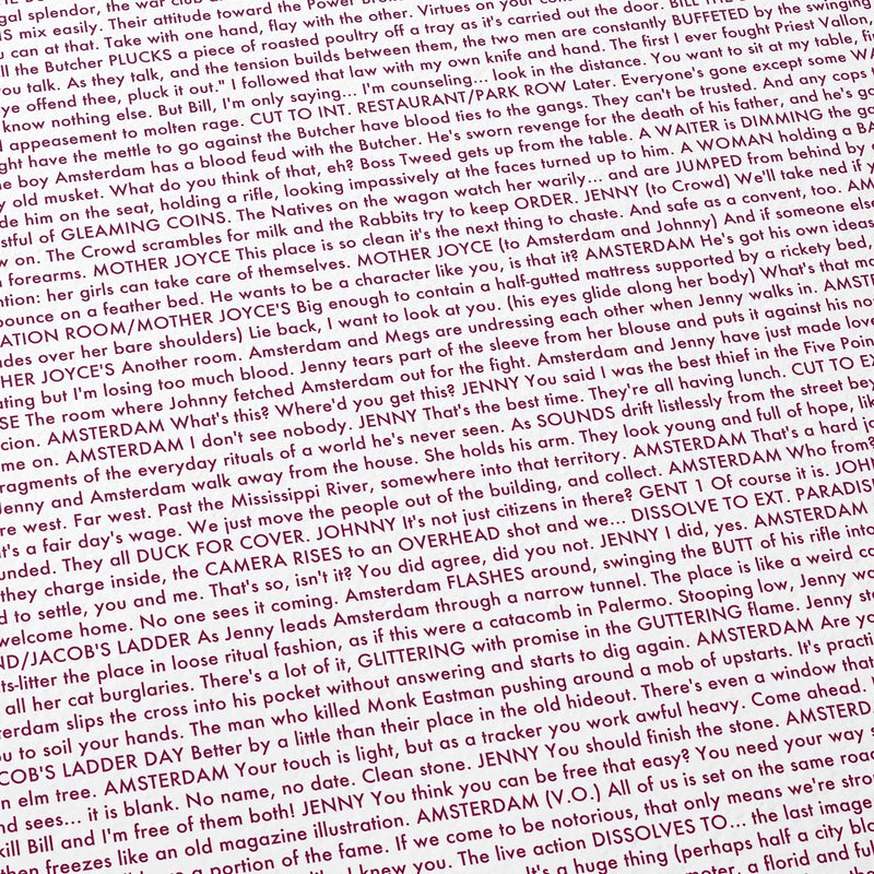 Close-up detail of the Gangs of New York movie script poster showing dense typographic text.