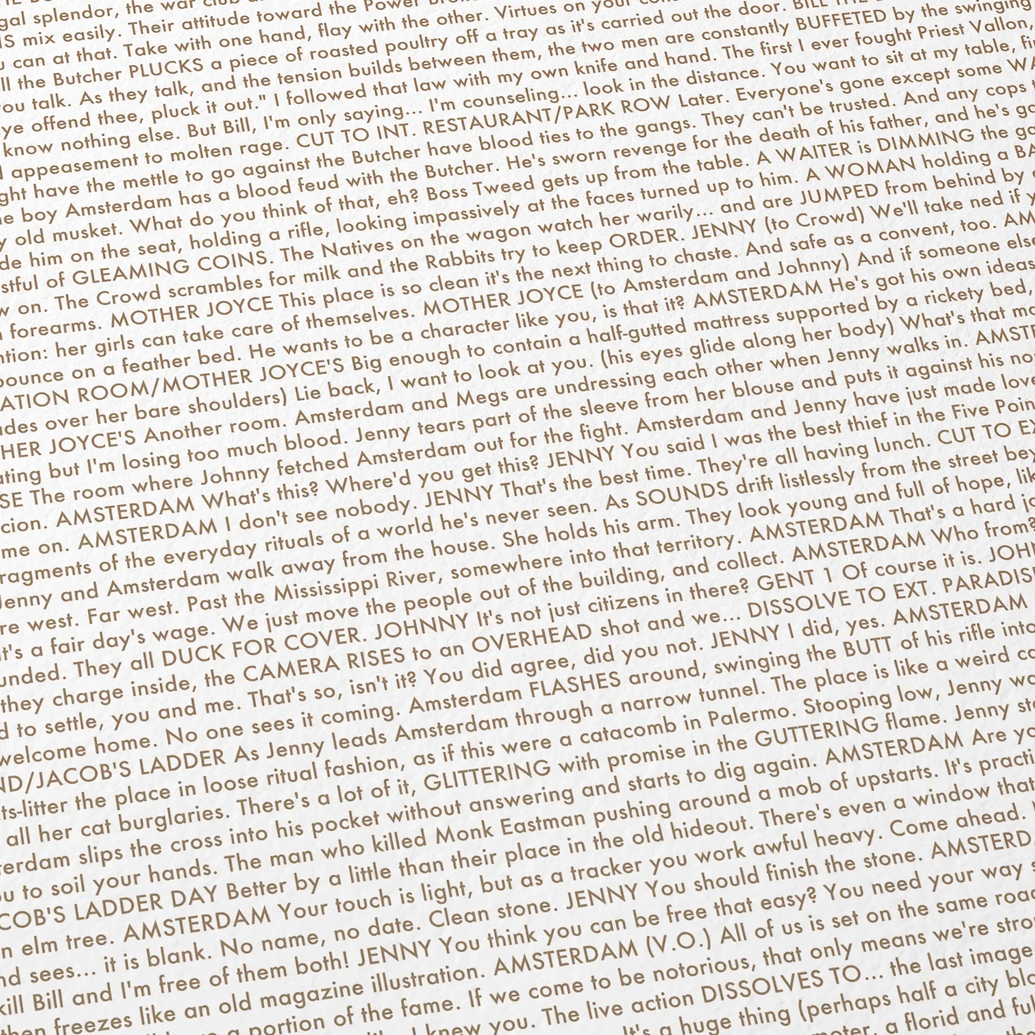 Close-up detail of the Gangs of New York movie script poster showing dense typographic text.