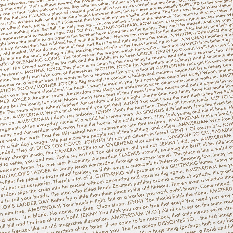 Close-up detail of the Gangs of New York movie script poster showing dense typographic text.