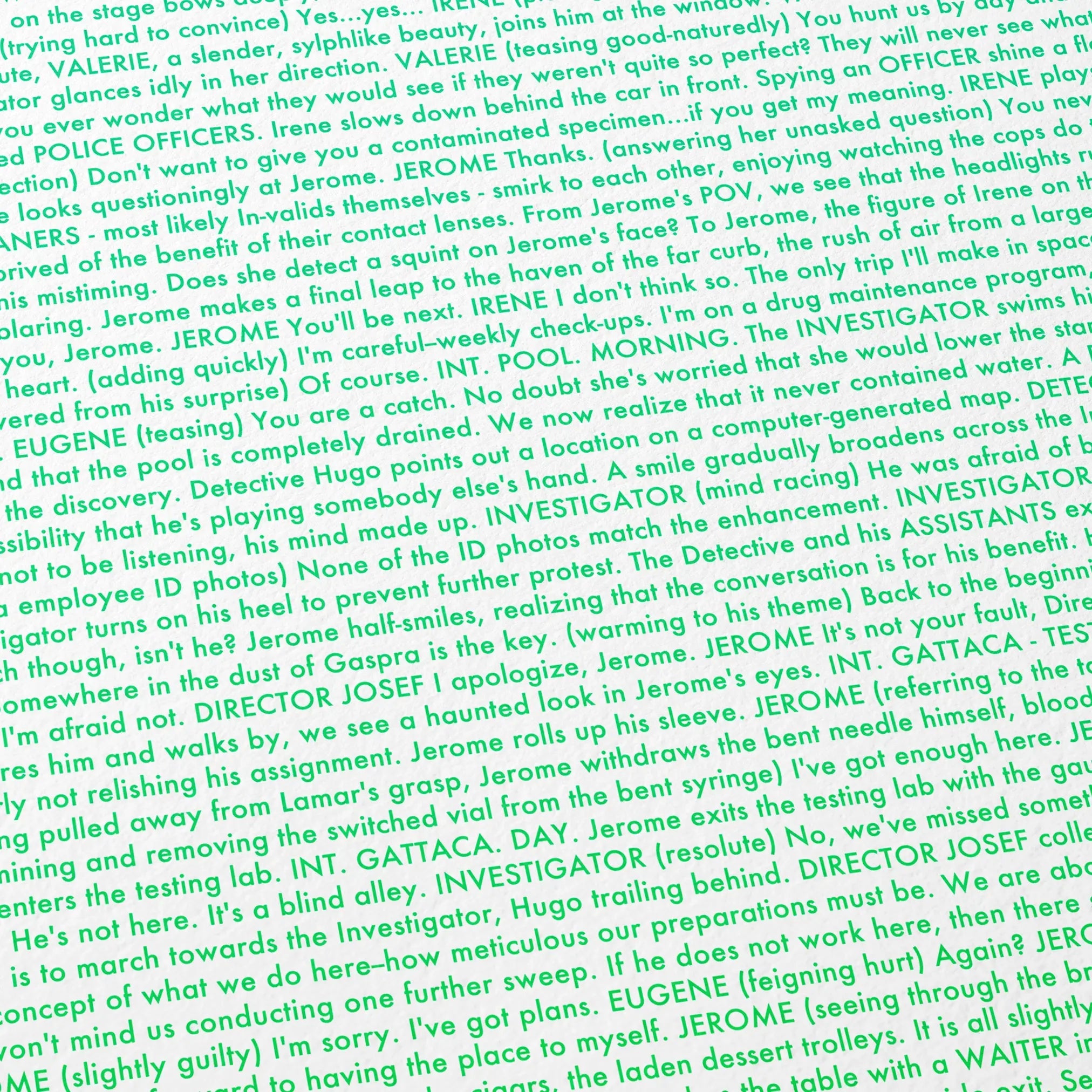 Close-up detail of the Gattaca movie script poster showing dense typographic text.